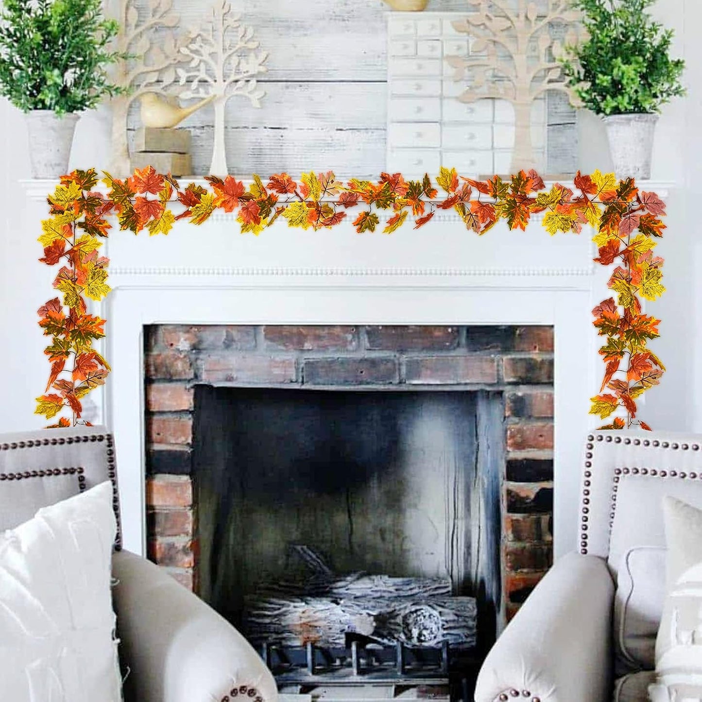 2 Pack Fall Maple Leaf Clearance, Hanging Vine Artificial Autumn Foliage Thanksgiving Decor for Home Wedding Fireplace Party Christmas (Orange)