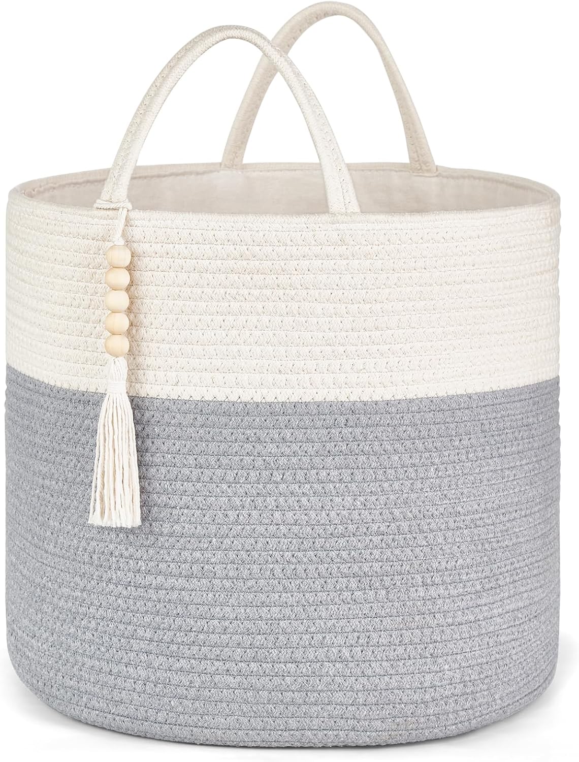 Mkono Woven Storage Basket Decorative Rope Basket Wooden Bead Decoration for Blankets,Toys,Clothes,PlantOrganizer Bin with Handles Living Room Home Decor, Grey and White, 16" W × 13.8" L