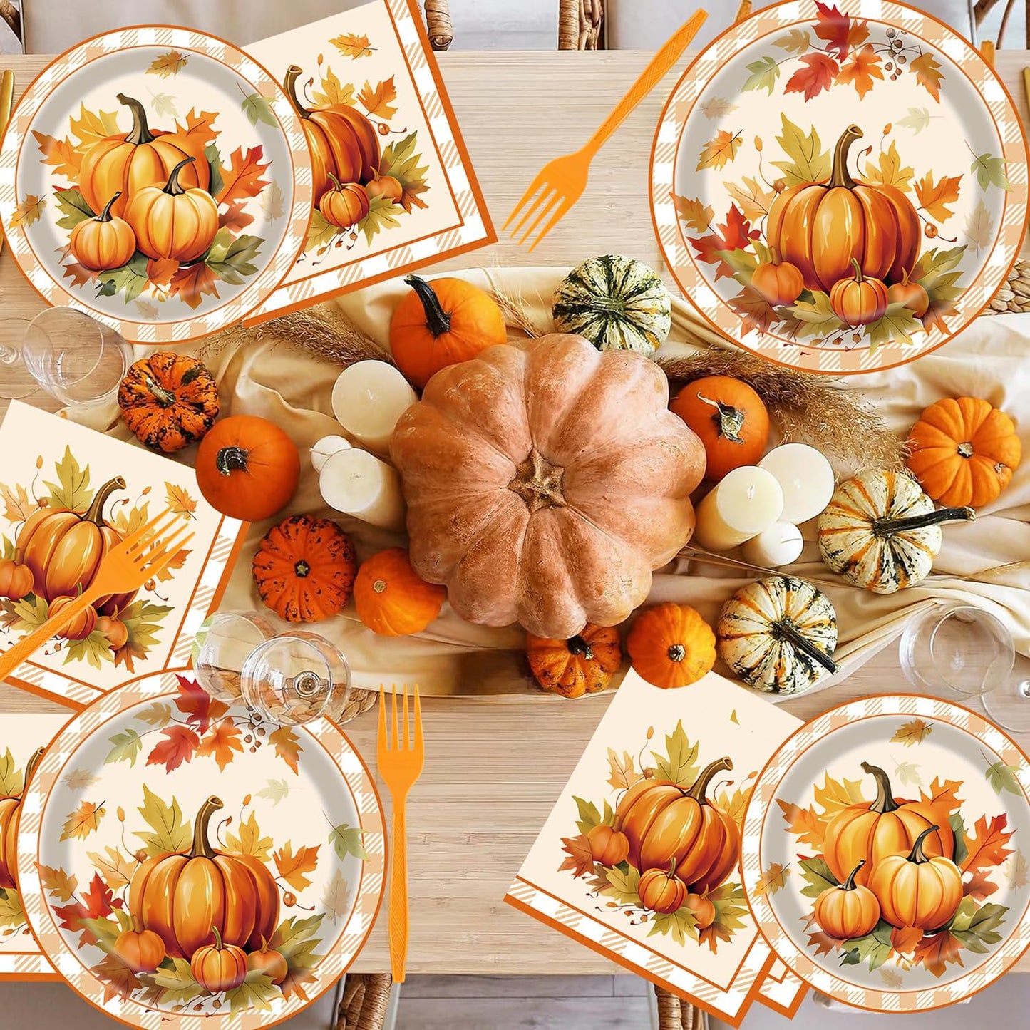 Fall Party Supplies - 96 Pcs Disposable Tableware Set with Paper Plates, Napkins, Forks, Pumpkin, Autumn, Maple Leaf Pattern for Thanksgiving Harvest Party Decorations