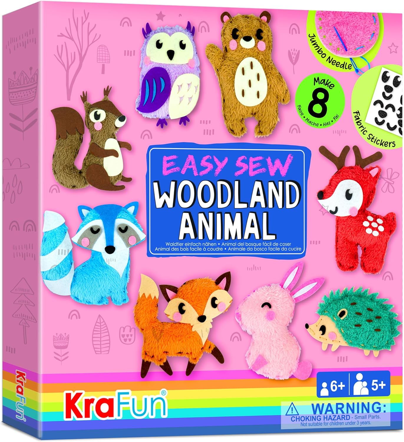 KRAFUN Easy Sewing Kit for Beginner Kids Arts & Crafts, 8 DIY Projects of Stuffed Dolls of Woodland Animals, Bear, Bunny, Fox, Owl, Instructions & Felt, Gift for Girls, Boys, Learn to Sew