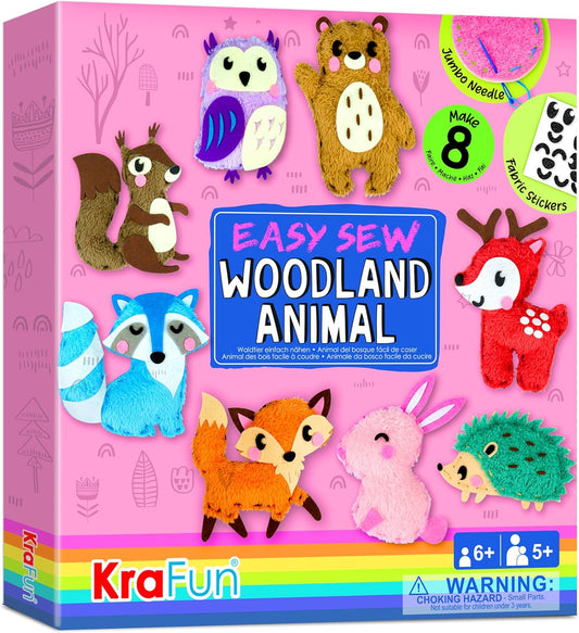 KRAFUN Easy Sewing Kit for Beginner Kids Arts & Crafts, 8 DIY Projects of Stuffed Dolls of Woodland Animals, Bear, Bunny, Fox, Owl, Instructions & Felt, Gift for Girls, Boys, Learn to Sew