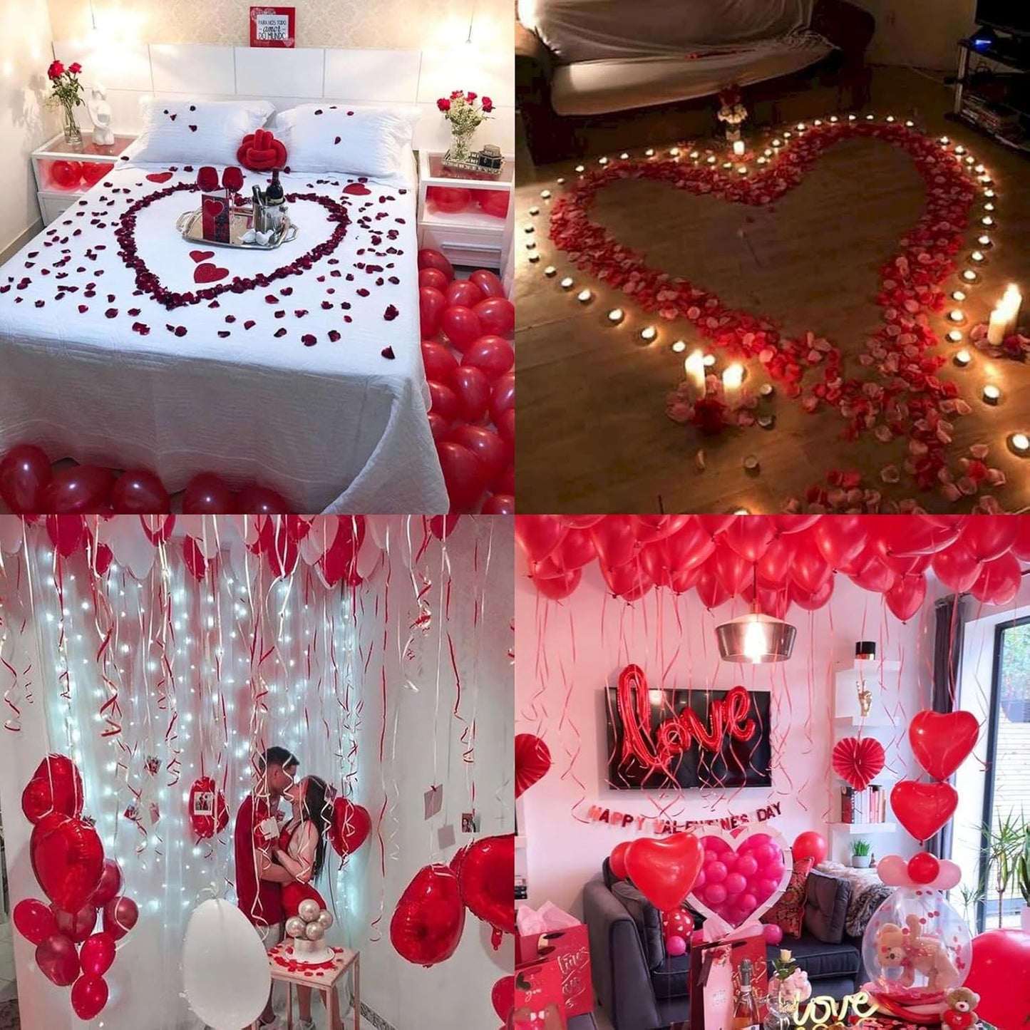Anniversary Decorations, Happy Anniversary Banner, Pink Hanging String Hearts, Pink and White Balloons, Love Balloon, Red Silk Rose Petals for Wedding Bridal Shower Bachelorette Party Decorations