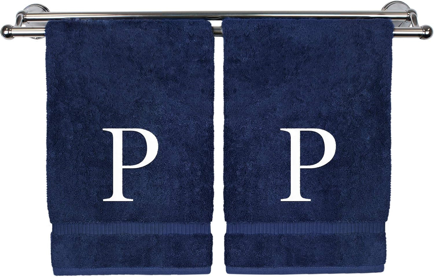 Monogrammed Hand Towel, Personalized Gift, Set of 2- White Block Letter Embroidered Towel - Extra Absorbent 100% Turkish Cotton - Soft Terry Finish - Initial P Navy