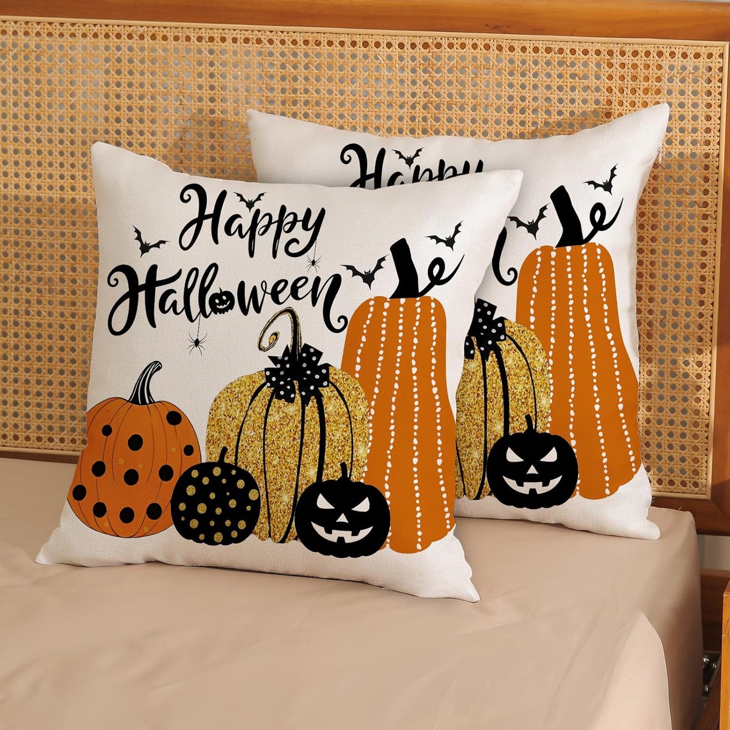 Halloween Pillow Covers 18x18 inches Set of 2 Orange Black Pumpkin Decorative Farmhouse Throw Pillow Covers Outdoor Autumn Halloween Decoration Pillowcase Farmhouse Cushion Case for Couch Sofa