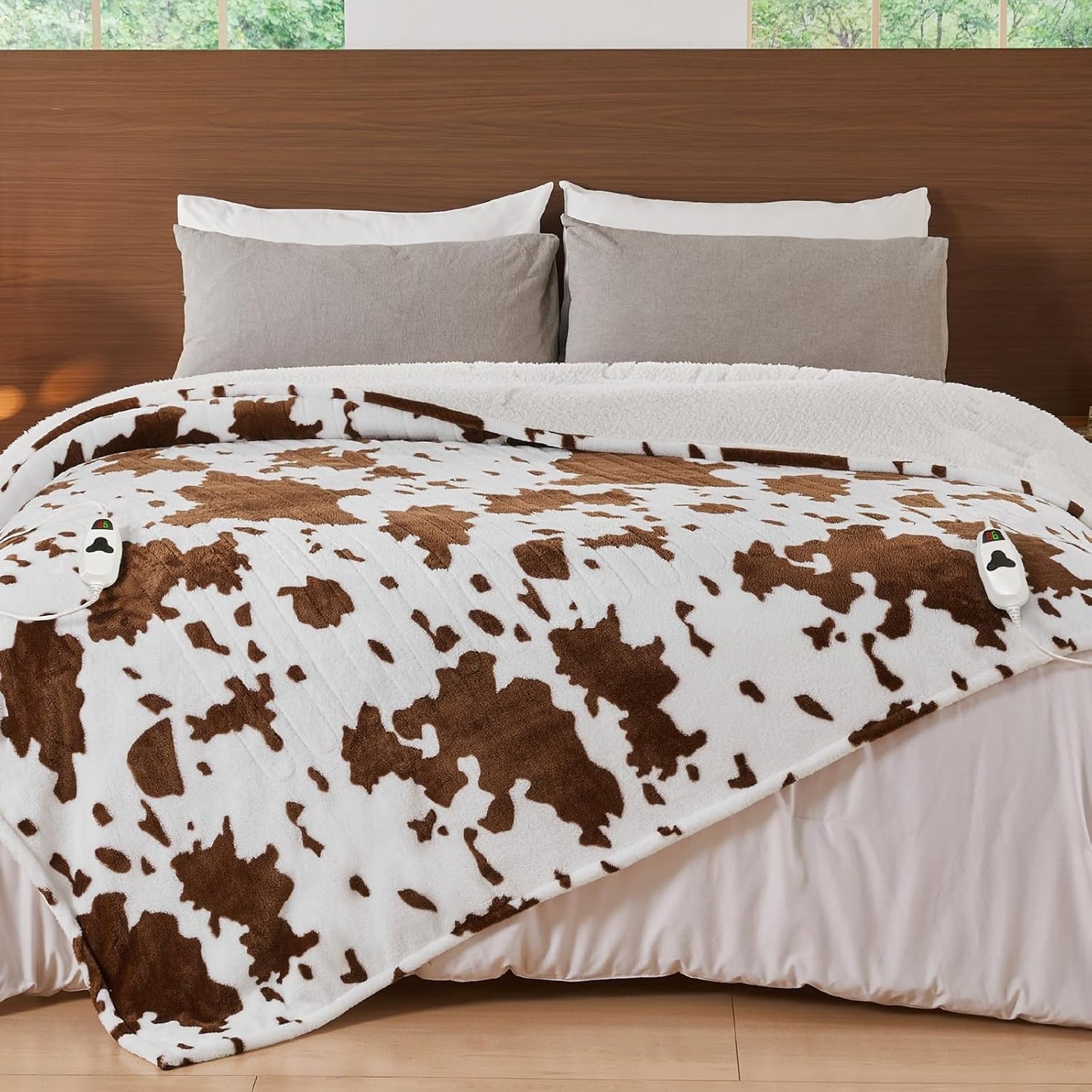 Cow Print Electric Heated Blanket Queen Size,84X90 Brown Heating Blanket Queen With Dual Control&Timer&10 Heat Levels,Highland Cow Decor Fleece Sherpa Blankets Warmer Gifts for Bed Women Adults,ETL