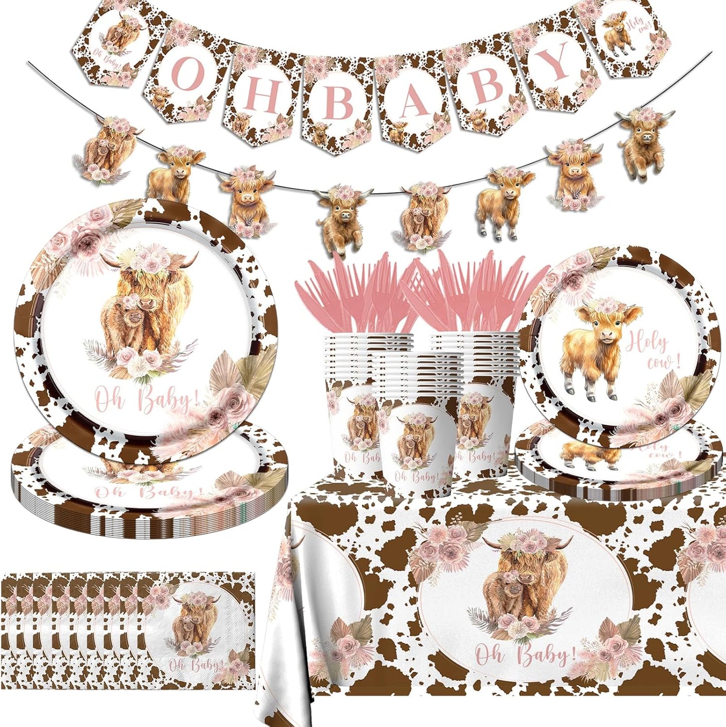 142Pcs Highland Cow Birthday Plates and Napkins,Highland Cow Baby Shower Decorations Western Theme Table Decorations for Baby Shower Party(20 Guests)