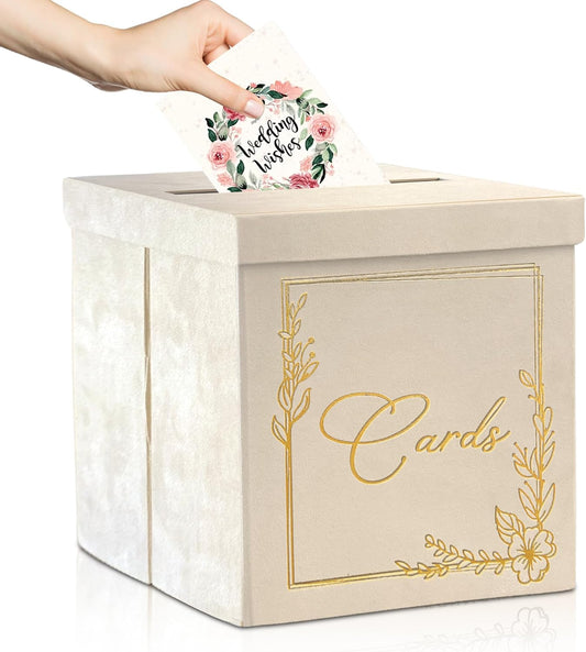 Wedding Card Box - 9" x 9" Collapsible Velvet - Covered Design - Cards Box for Wedding Receptions, Birthdays Party, Bridal & Baby Showers, Graduations, Anniversaries - Holding upto 150 Cards