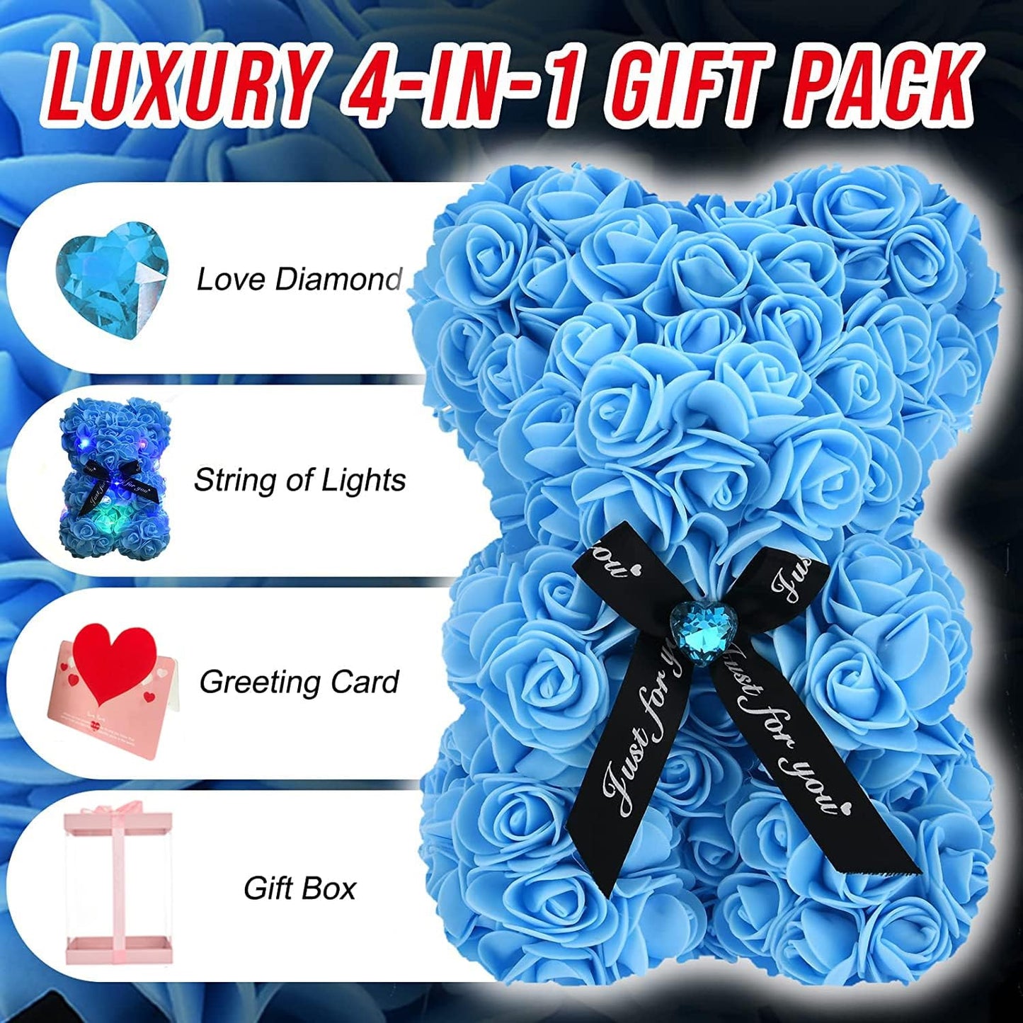 Artificial Rose Flower Bear,Perfect Romantic Gift for Her, Valentine's Mother's Day, Christmas, Birthday,Thanksgiving Party Anniversary Girl Friend Wife with Heart-Shaped Diamond Light Blue.