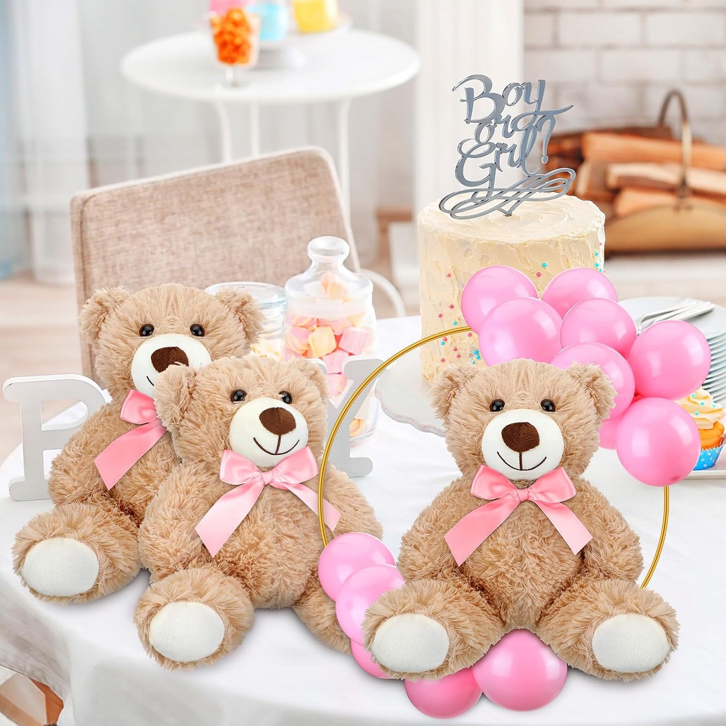 6 Sets Bear Baby Shower Table Centerpieces Bear Stuffed Animals 12 Inch Metal Floral Hoop with Stand Balloon for Wedding Baby Shower Birthday Flowers Table Decorations(Pink)