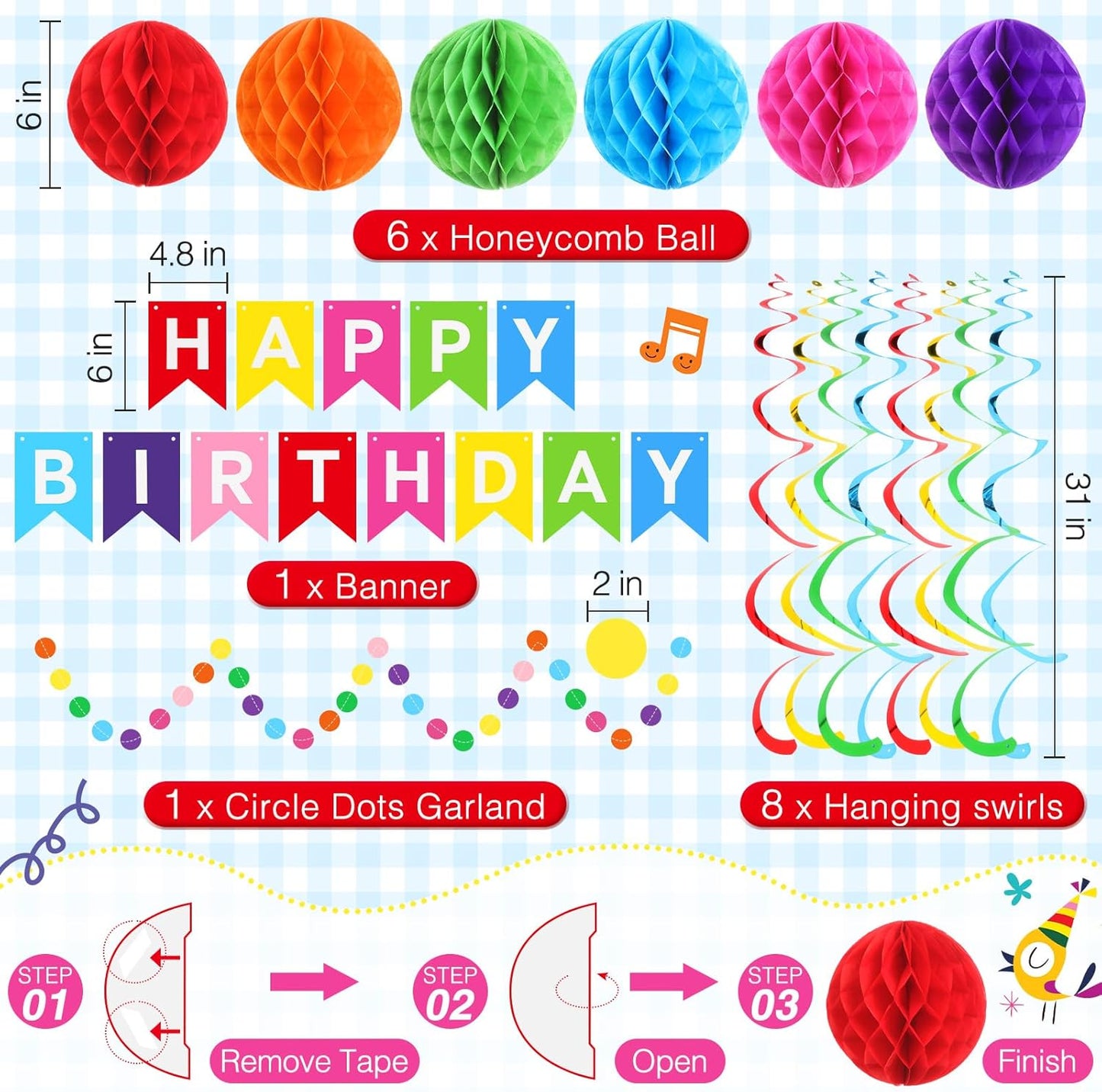 Zhehao Serves 129 Pcs Happy Birthday Party Supplies Set with Plates Napkins Cups Cutlery Rainbow Dot Birthday Decorations Kit Banner Tablecloth Hanging Honeycomb Balls Garland for Birthday Party