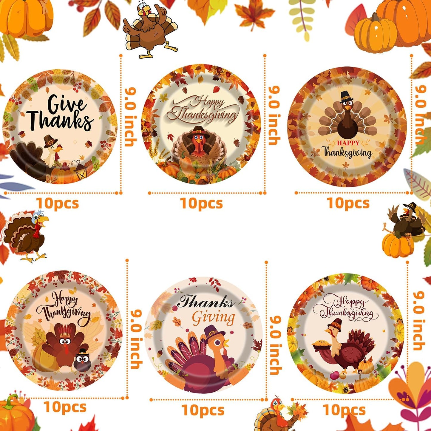 Thanksgiving Turkey Plates 60Pcs 9 Inch Fall Paper Plates With Autumn Maple Leaves Pumpkins for Turkey Party Decoration Supplies