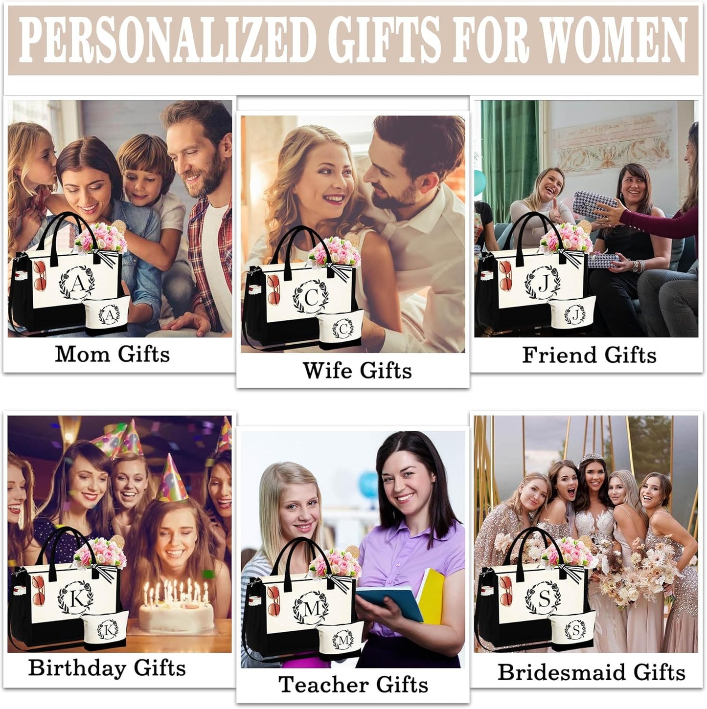 YOOLIFE Gifts for Women - Initial Canvas Tote Bag Makeup Bag, Personalized Gifts for Women Mom Wife Teacher Friend Birthday