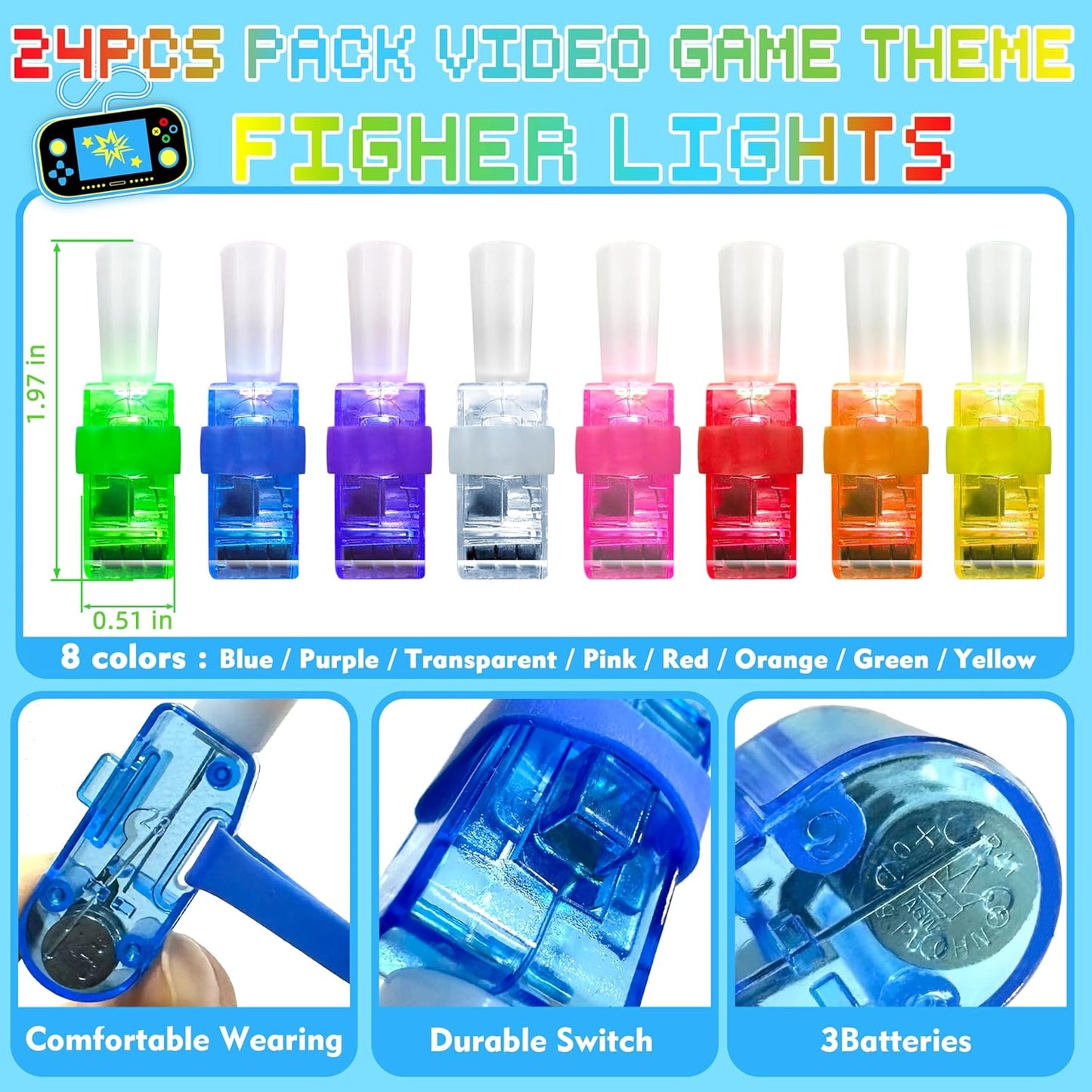 24PCS Video Game Party Favors-LED Finger Lights:Glow-in-the-Dark Light-Up Toys Bulk for Kids,Gamer Birthday Party Decorations Supplies, Party Goodie Bags Stuffers, Classroom Prizes, Fun Gifts