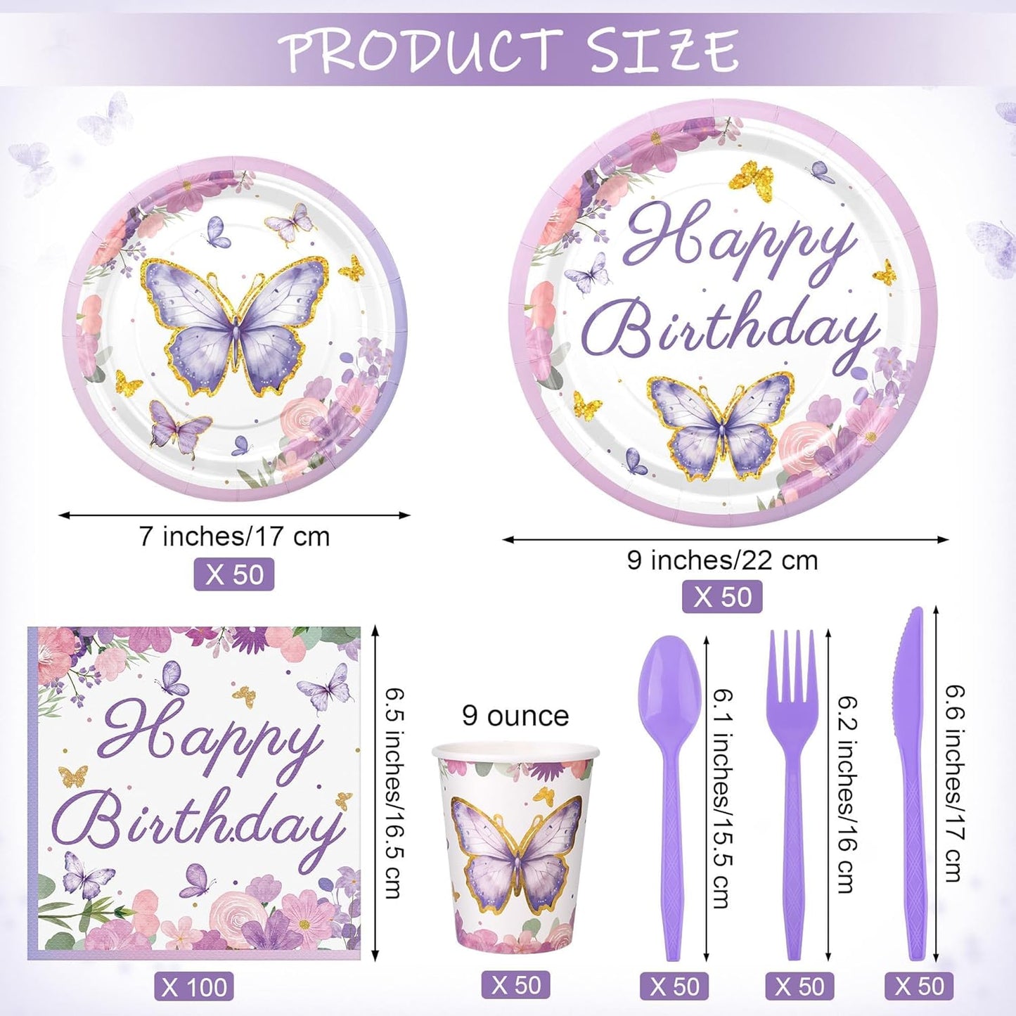 400 Pieces Butterfly Disposable Party Tableware Sets Including Plates Cups Napkins Cutlery Serves 50 for Butterfly-themed Party Birthday Baby Shower Girls Party Decorations