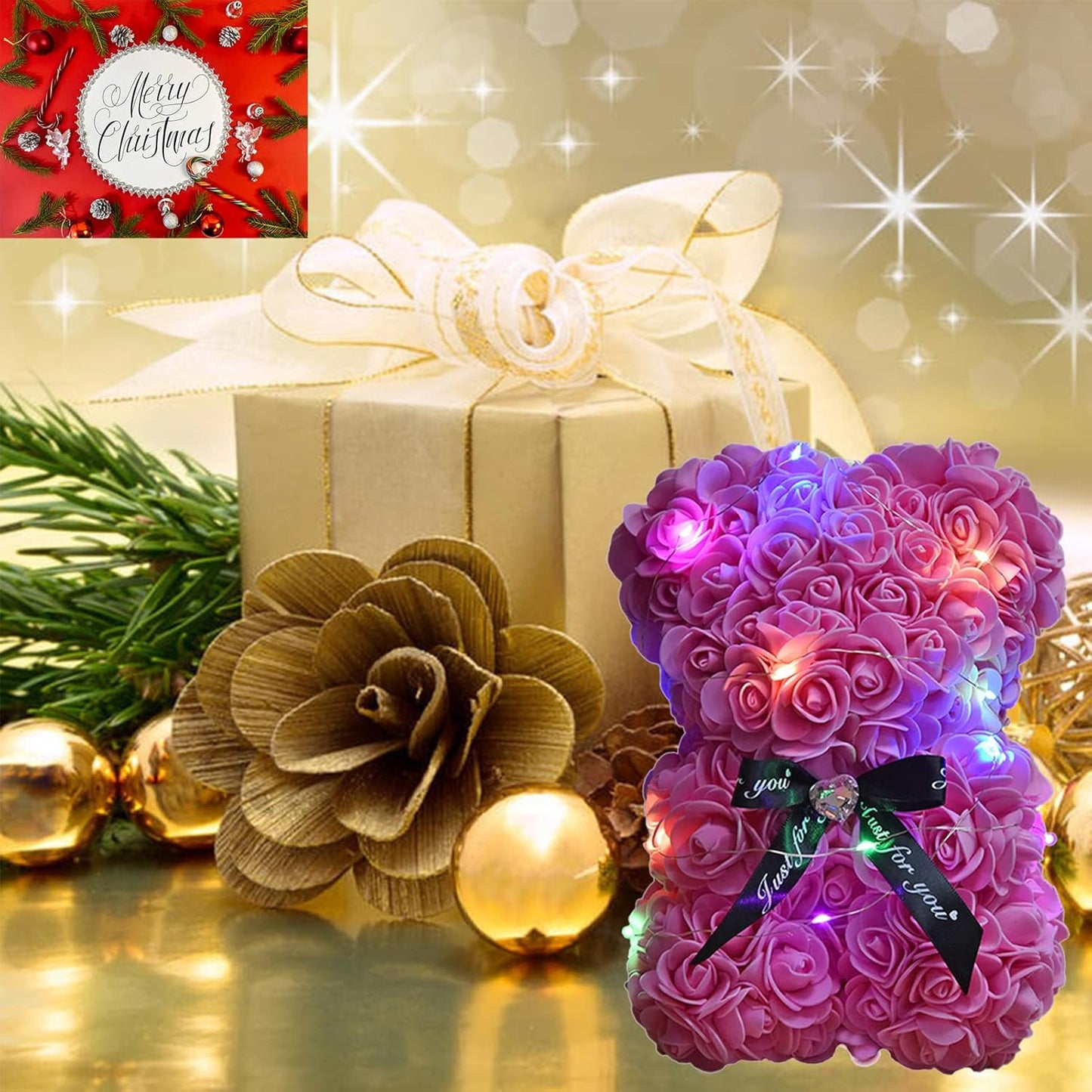 Artificial Rose Flower Bear,Perfect Romantic Gift for Her, Valentine's Mother's Day, Christmas, Birthday,Thanksgiving Party Anniversary Girl Friend Wife with Heart-Shaped Diamond,Pink.