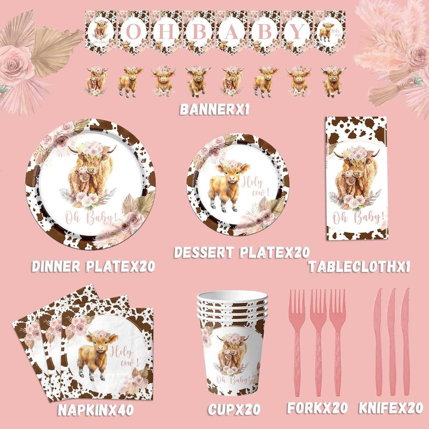 142Pcs Highland Cow Birthday Plates and Napkins,Highland Cow Baby Shower Decorations Western Theme Table Decorations for Baby Shower Party(20 Guests)