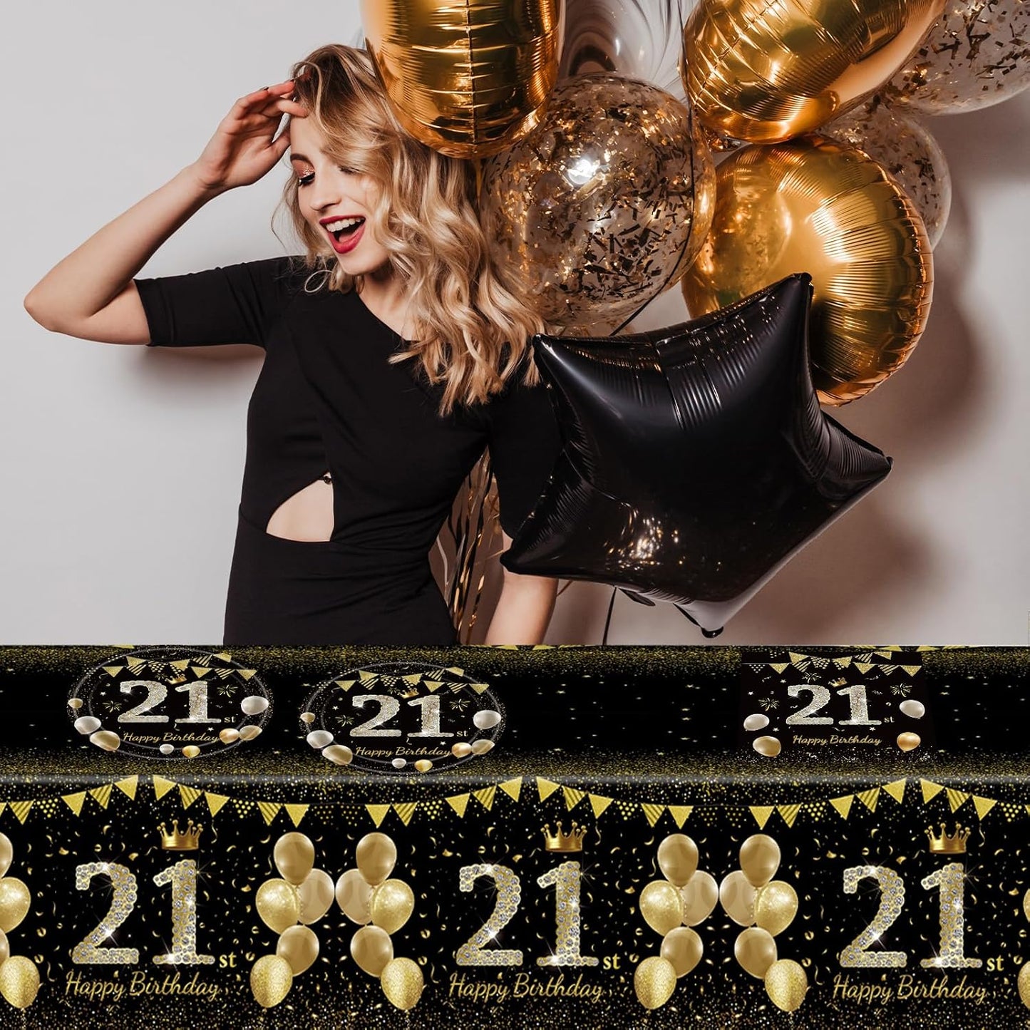41Pcs 21st Birthday Decorations for Boy Girls, Black Gold 21 Year Old Happpy Birthday Girl Decorations include Plates Napkins Tablecloth for Official Teenager 21st Birth Party