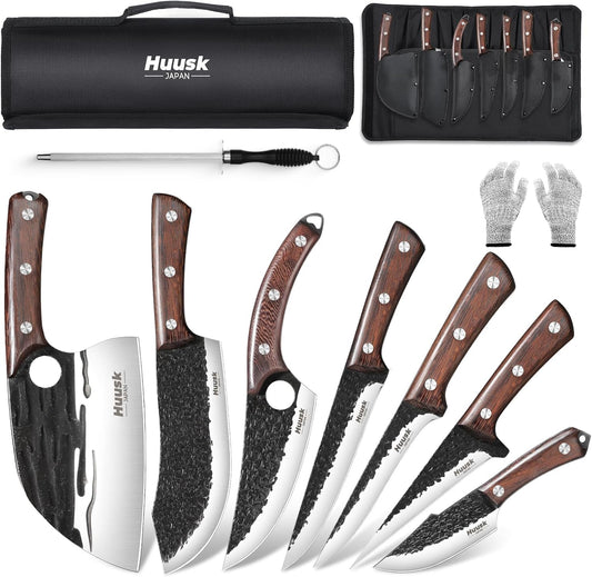 Huusk 10pcs Viking Kitchen Knives Set - Serbian Chef Knife, Boning Knife, Meat Cleaver - BBQ, Outdoor, Camping - Silver High Carbon Steel - Forged Ebony Handle - Not Dishwasher Safe