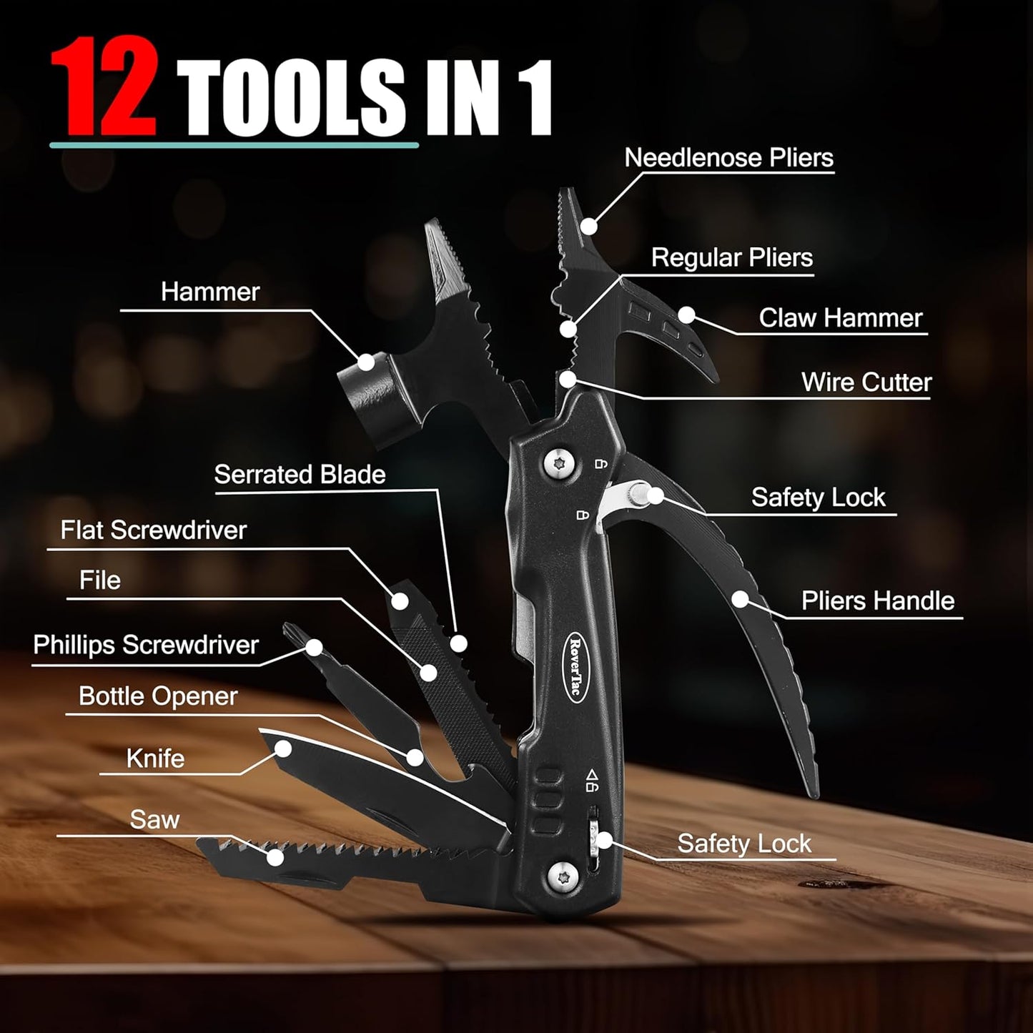 RoverTac Dad Tool Gift Set, 12-in-1 Multitool Hammer, Flashlight & Utility Knife in a Gift Box with "BEST DAD EVER", Unique & Practical Gift for Dad on Father’s Day, Birthday, Christmas & Retirement