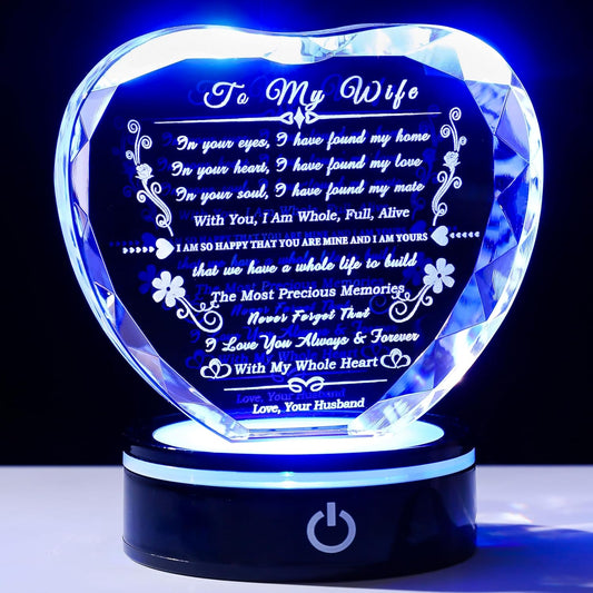 Wife Gifts with Colorful LED Base, Anniversary Birthday Gift Ideas for Wife, Romantic to My Wife Heart Crystal Gifts for Wife from Husband on Valentine's Day Christmas Mother's Day, Clear