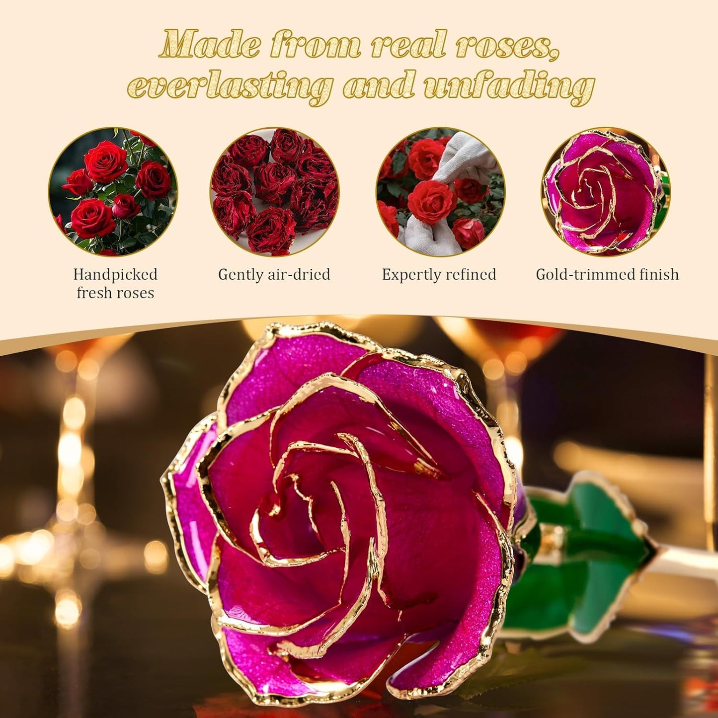 Mikasol Real 24K Gold Dipped Realistic Rose – Timeless Lifelike Bloom with Heart Puzzle Base – Romantic Gradient Purple Flower Gift for Her, Wife, Girlfriend, Mom – Birthday, Anniversary, Mother’s Day