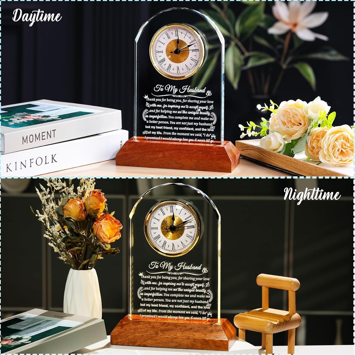 Glass Clock Gifts for Husband from Wife with Wooden Light Base, Personalized Gift for Husband Who Has Everything on Birthday Anniversary, Presents for Him on Christmas Home Desk Clock
