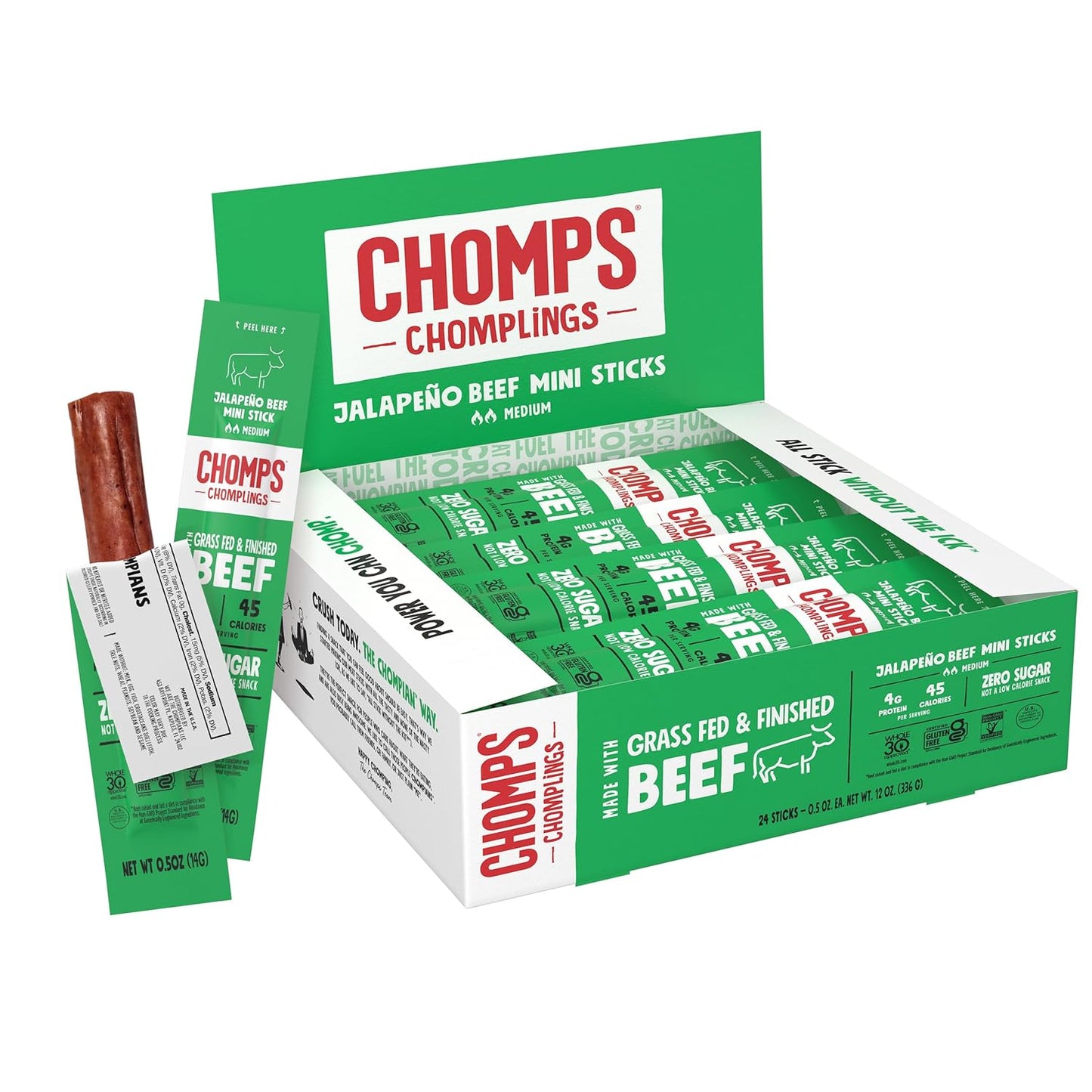 Chomps Snack Size Grass-Fed and Finished Jalapeño Beef Jerky Snack Sticks 0.5oz 24-Pack - Keto, Paleo, Whole30, 4g Lean Meat Protein, Gluten-Free, Zero Sugar Food, Non-GMO Chomplings