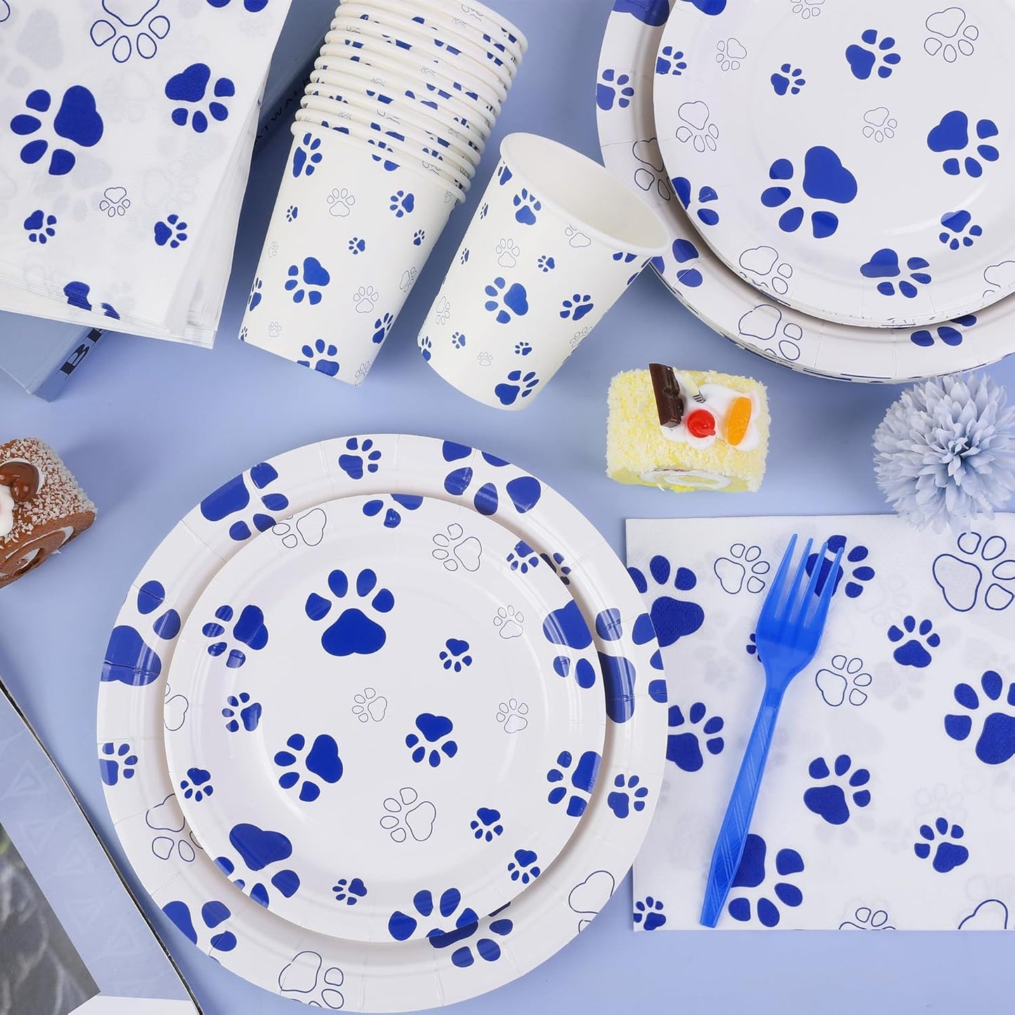 144 Pieces Blue Paw Print Party Tableware Sets Including Disposable Plates Napkins Cups Forks Serves 24 for Dog Puppy Theme Party Supplies