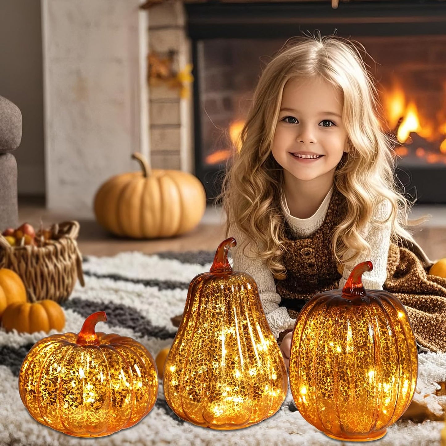 Fall Lighted Glass Pumpkins Set of 3 – Battery Operated Mercury Glass Pumpkin Decor with LED Lights, Autumn Thanksgiving Halloween Table Centerpiece Decorations for Home, Fireplace, Mantel, 8"/7"/6"