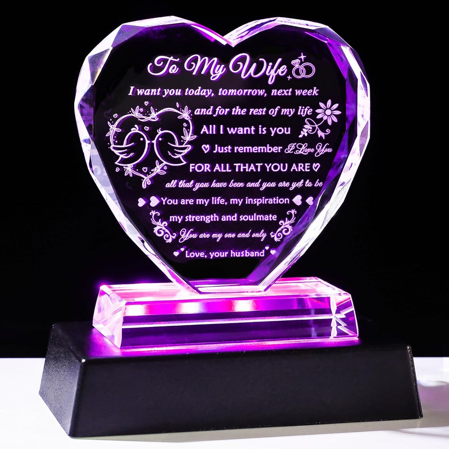 YWHL Gifts for Wife from Husband Birthday Gifts for Wife Crystal Keepsake Anniversary Present with Colorful LED Base Romantic I Love You Gift for Her on Valentines Mothers Day Christmas