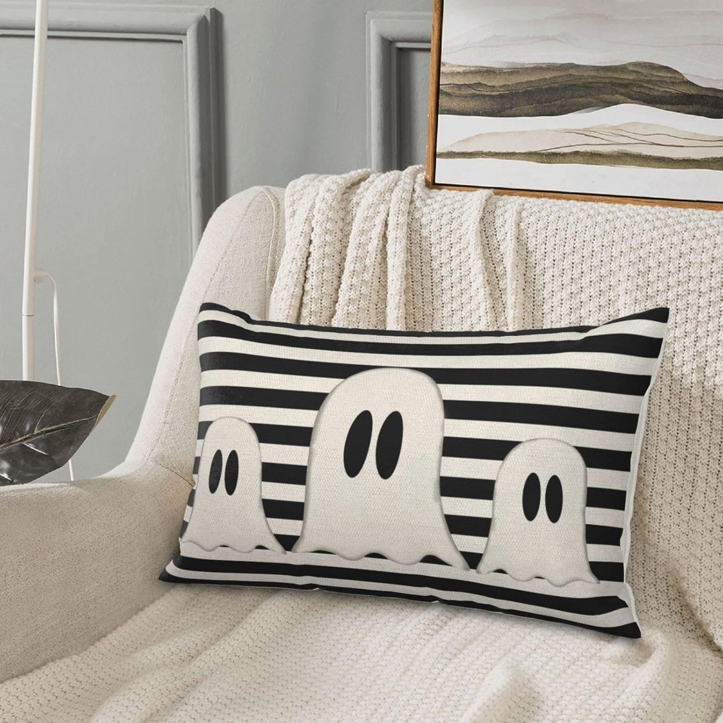 Halloween Pillow Covers 12x20 Set of 2 Black Stripe Cute Ghost Throw Pillcase Decorative Cushion Case for Couch Sofa Outdoor Decor