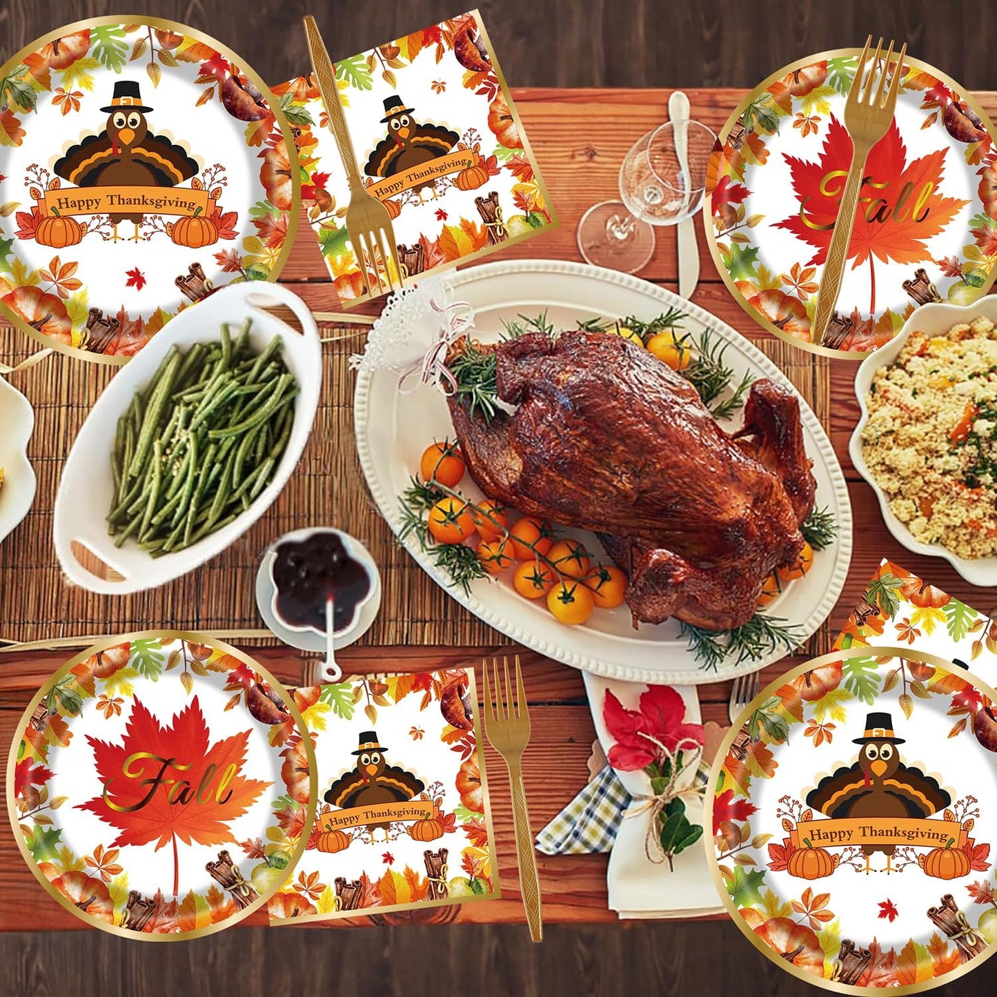 Fall Thanksgiving Party Supplies 96 Pcs Thanksgiving Paper Plates and Napkins Forks Pumpkin Turkey Autumn Disposable Tableware Set for Fall Harvest Party Decorations