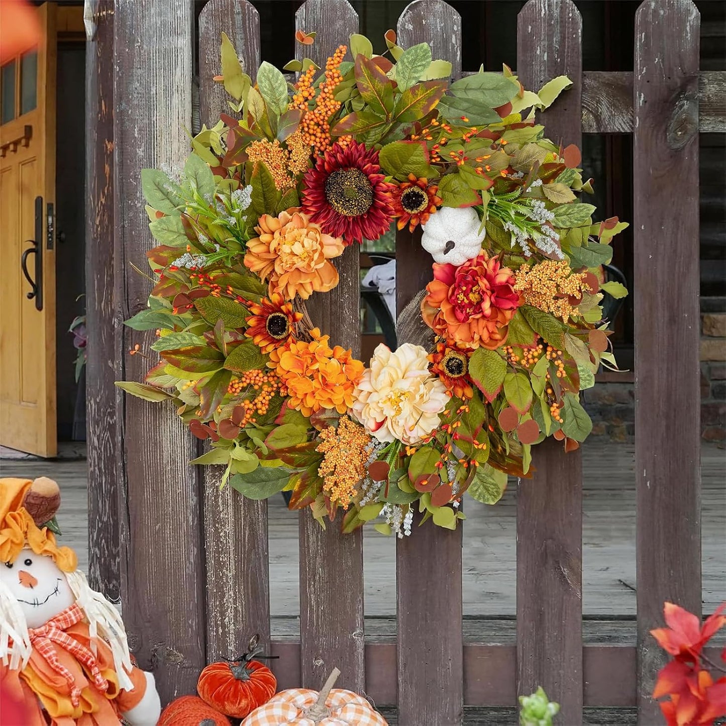 Fall Wreaths for Front Door Outside 23 Inch Fall Wreath with Peonies, Sunflowers & Pumpkins – Outdoor Autumn Wreath for Thanksgiving Halloween & Harvest Decor