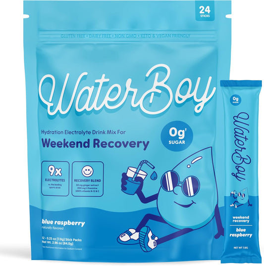 Waterboy Weekend Recovery | 3,200mg Electrolyte Powder Packets | Ginger + L-Theanine + Vitamins | No Sugar, All Natural, Gluten Free | 24 Drink Stick Mixes (Blue Raspberry)