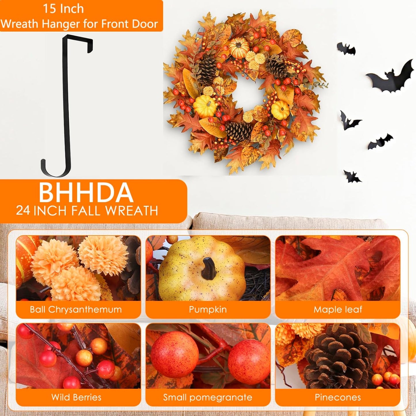 24" Fall Wreath for Front Door - Artificial Autumn Wreath with Maple Leaves, Pine Cones, Pumpkins & Berries - Thanksgiving & Halloween Decor for Indoor/Outdoor Use