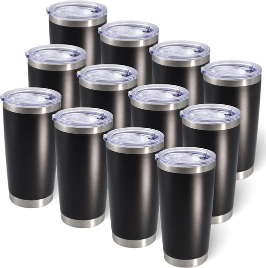 20oz Tumbler Bulk Stainless Steel Tumblers with Lid Vacuum Insulated Double Wall Travel Coffee Mug Powder Coated Tumbler Cup for Hot and Cold Drinks(Black, 12 pack)
