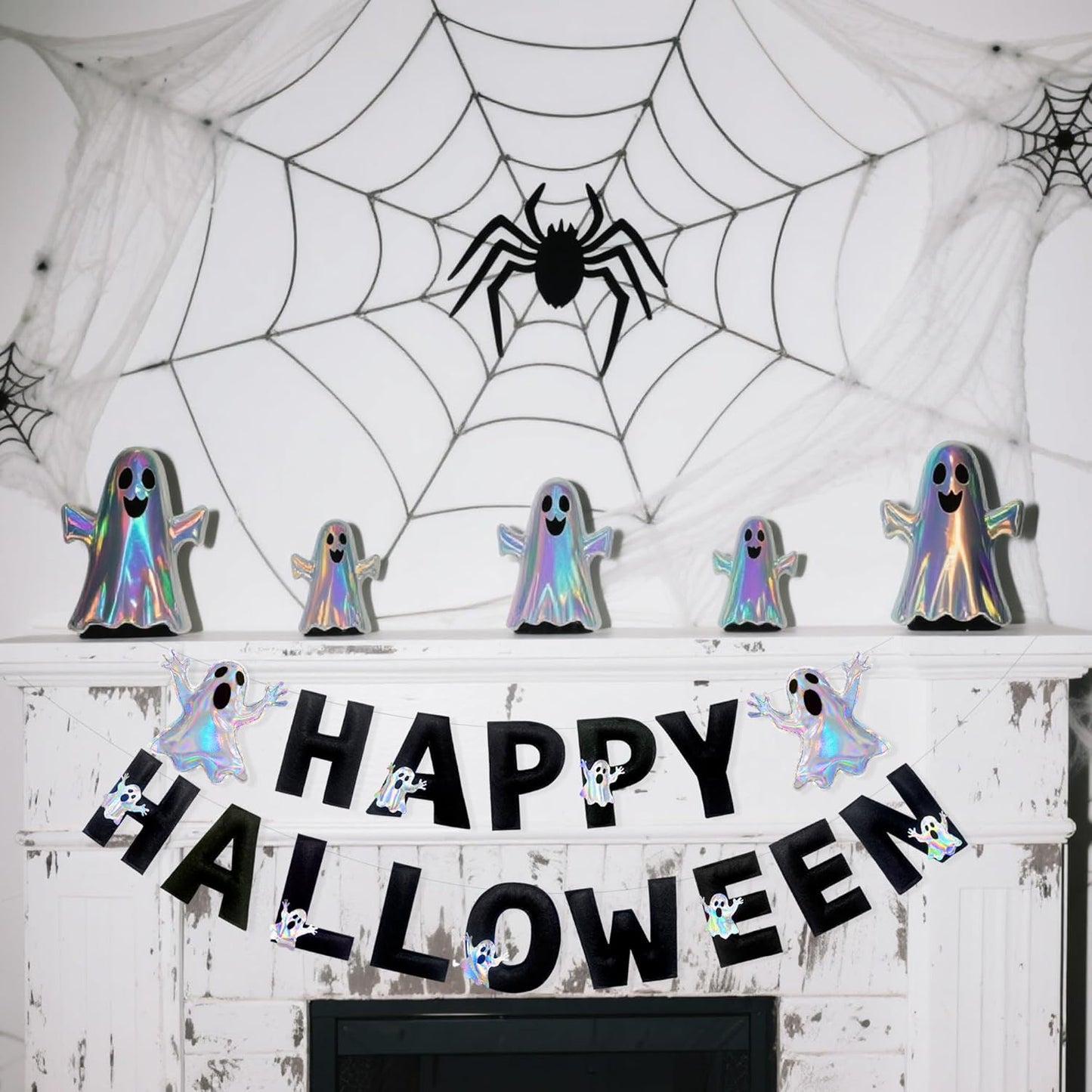 Halloween Decorations Pre-Strung Handmade Felt Happy Halloween Sign Iridescent Ghost Banner for Spooky Ghost Nursery Home Wall Decor Birthday Baby Shower Party Decorations Supplies