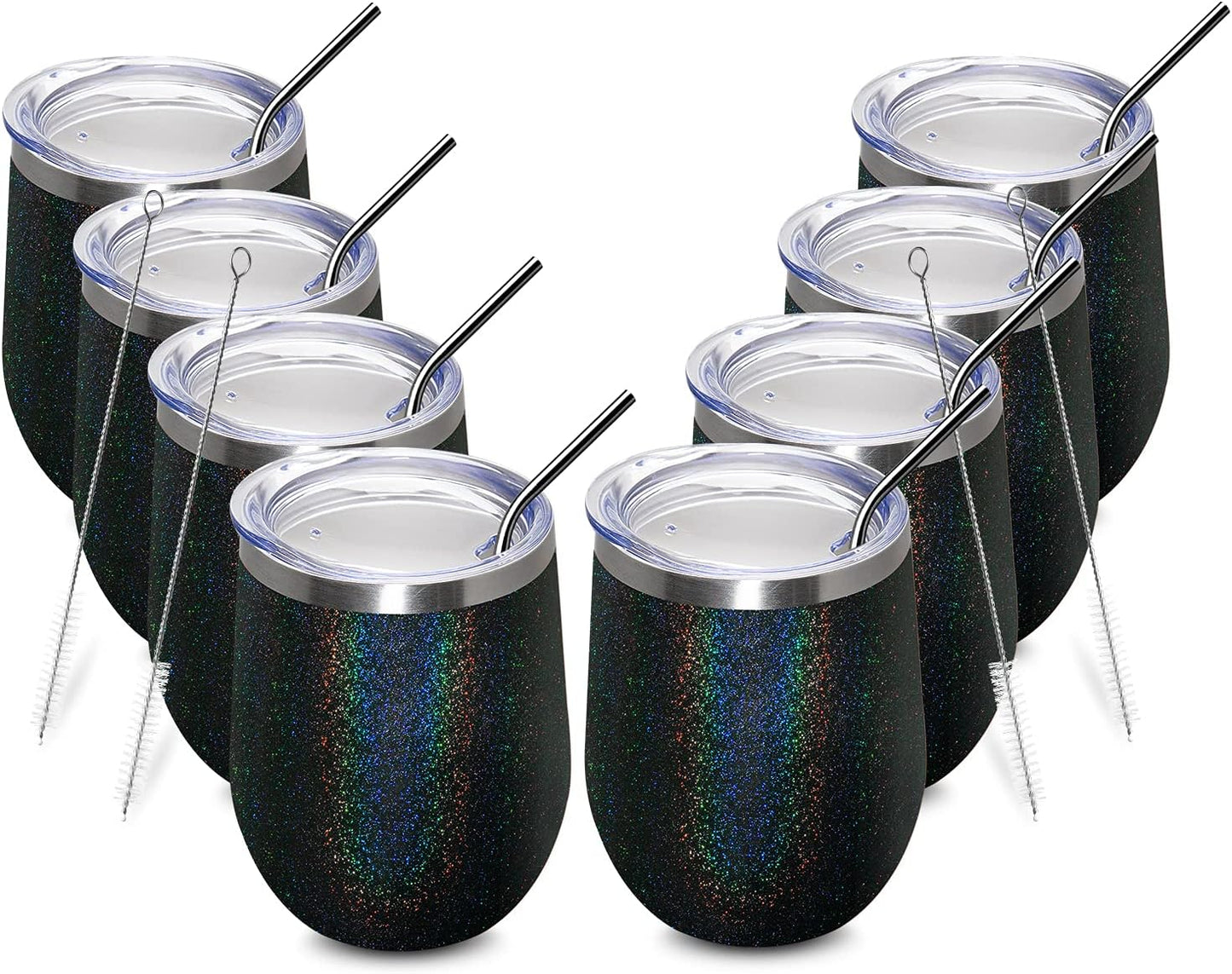 MEWAY 12oz/8 Pack Wine Tumbler Glasses with Lid - Stemless Double Wall Vacuum Stainless Steel Glitter Tumbler - Keeping Cold & Hot Cup for Coffee,Gift for Women(Rainbow Black,Set of 8)