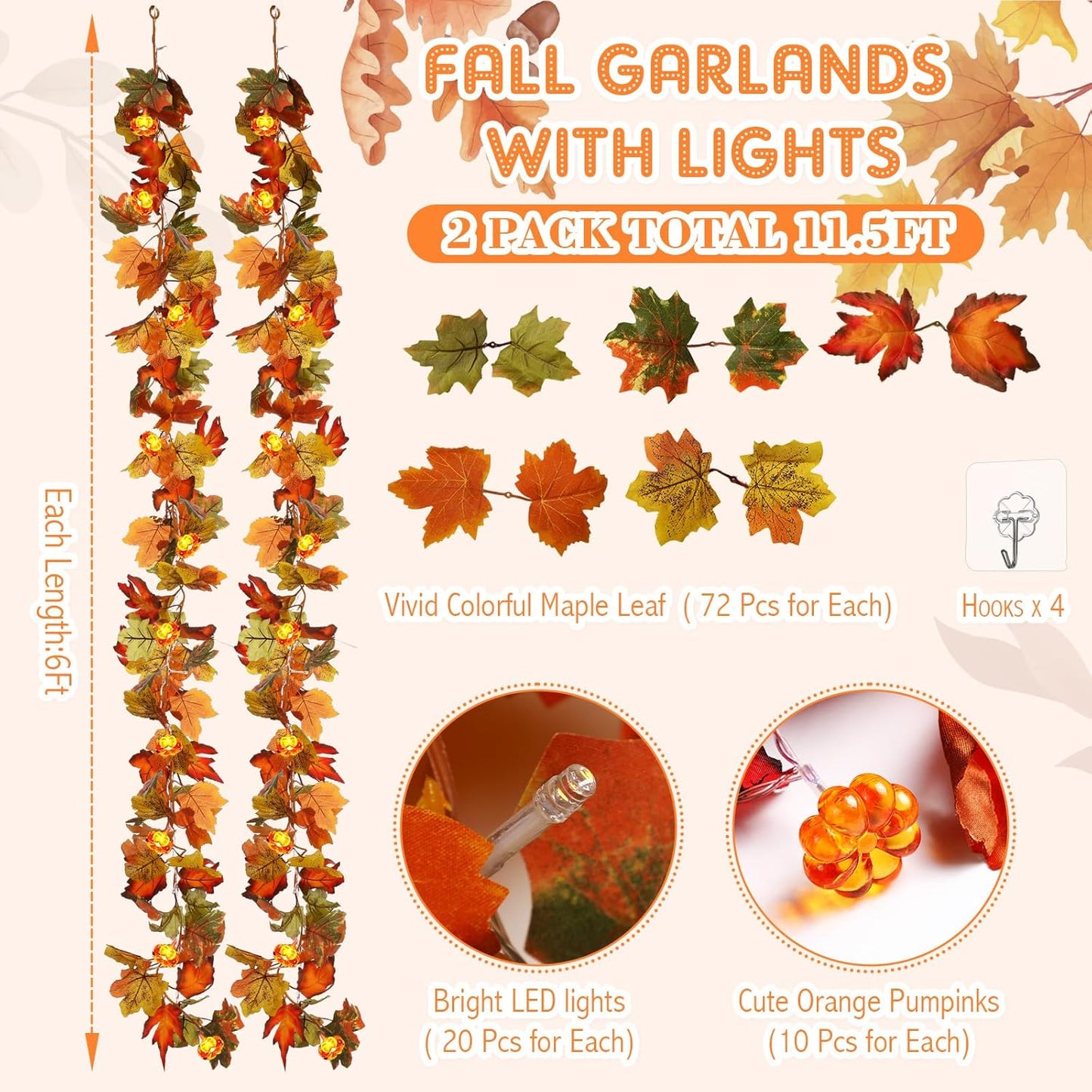 VIHOSE 2 Pack Thanksgiving Maple Leaves Garland Fall Decor 11.5 ft 40 LED with Pumpkin Lights Battery Operated and Timer Remote for Home Thanksgiving Halloween Decor(Orange Green)