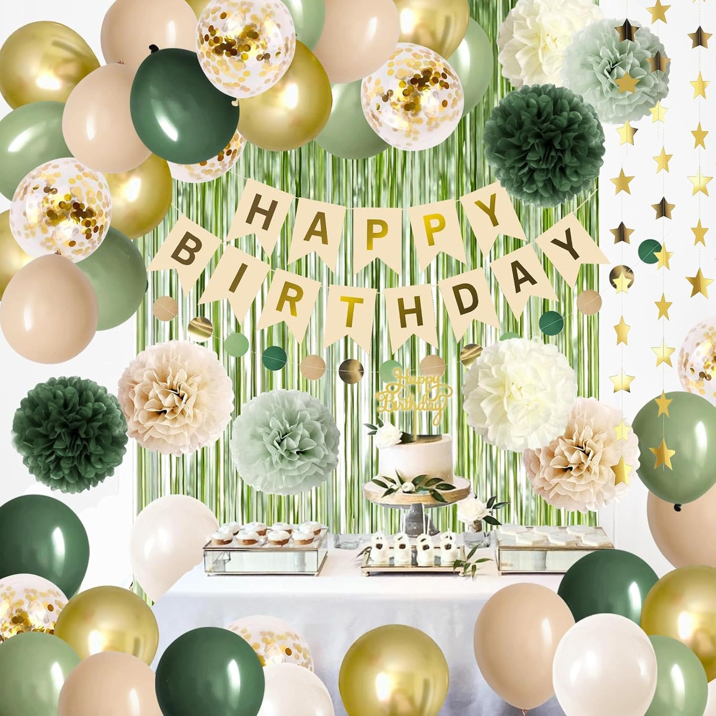 Sage Green Birthday Decorations Olive Green Happy Birthday Party Decorations Nude Retro Gold Balloon Banner Paper Pom Poms Greenery Neutral Rustic Décor Supplies Baby Girls Women