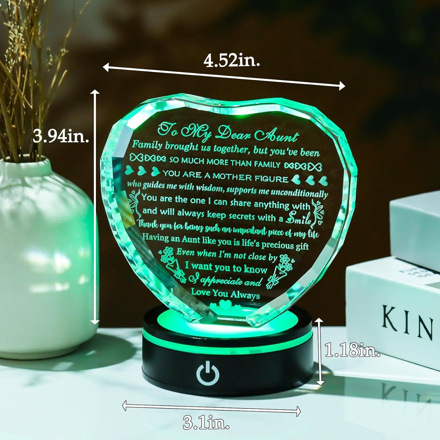 YWHL Aunt Birthday Gifts for Women with Colorful LED Base Unique Heart Gifts for Aunt from Niece Nephew Best Auntie Gift Ideas on Mothers Day Thanksgiving