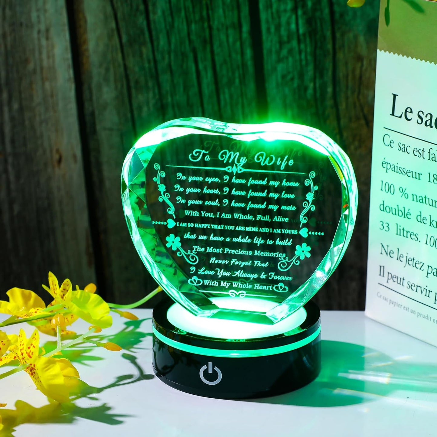 Wife Gifts with Colorful LED Base, Anniversary Birthday Gift Ideas for Wife, Romantic to My Wife Heart Crystal Gifts for Wife from Husband on Valentine's Day Christmas Mother's Day, Clear
