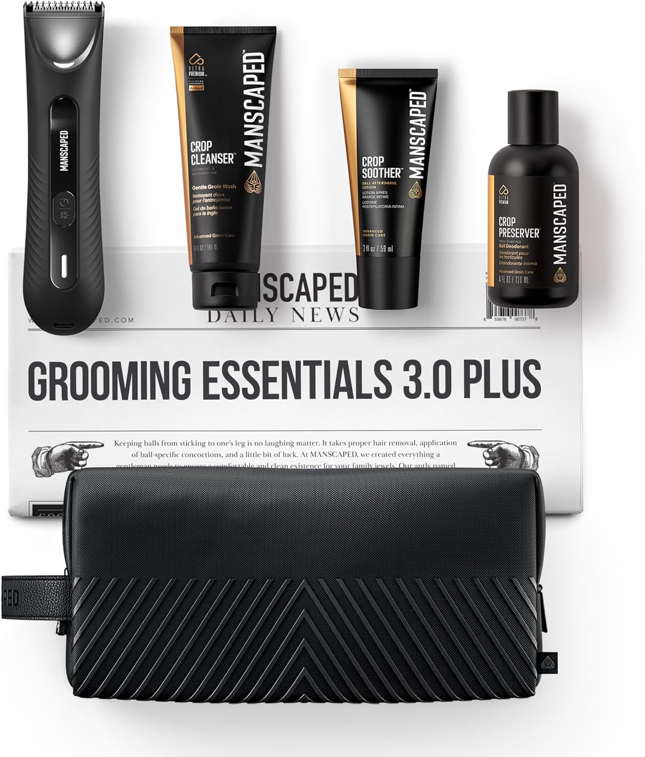 MANSCAPED® Grooming Essentials 3.0 Plus Routine with The Lawn Mower® 3.0 Plus Men's Groin Hair Trimmer, Crop Preserver® Ball Deodorant, Crop Cleanser®, Crop Soother™ Aftershave, Shed 2.0 Toiletry Bag