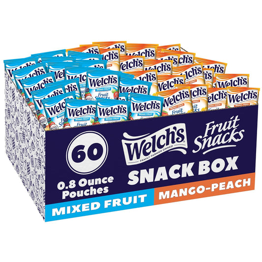 Welch's Fruit Snacks, Mixed Fruit & Mango Peach Snack Box, Gluten Free, 0.8oz Snack Packs (Pack of 60)
