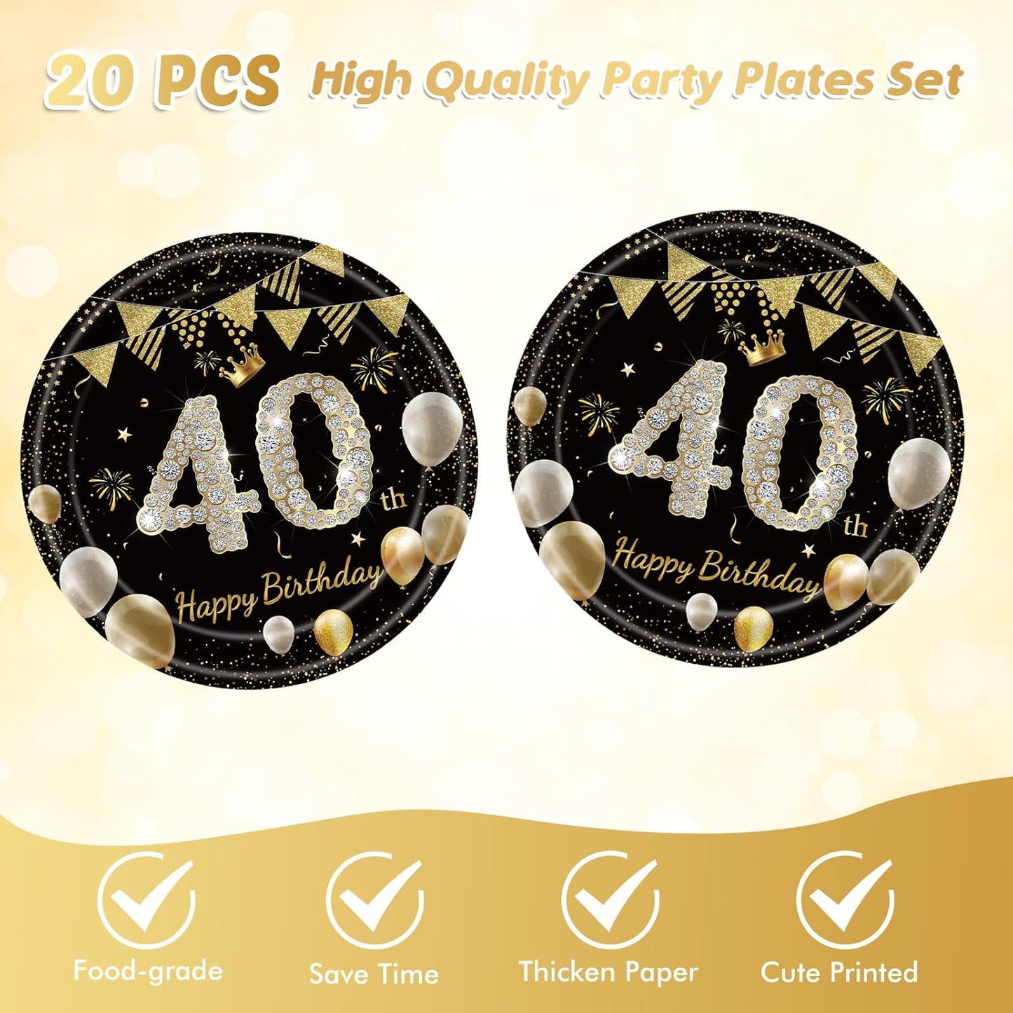 41Pcs 40th Birthday Decorations for Men Women, Black Gold 40 Year Old Birthday Party Supplies Include 20 Plates 20 Napkins and 1 Tablecloth, Black Gold 40 Aged Birth Party Tableware