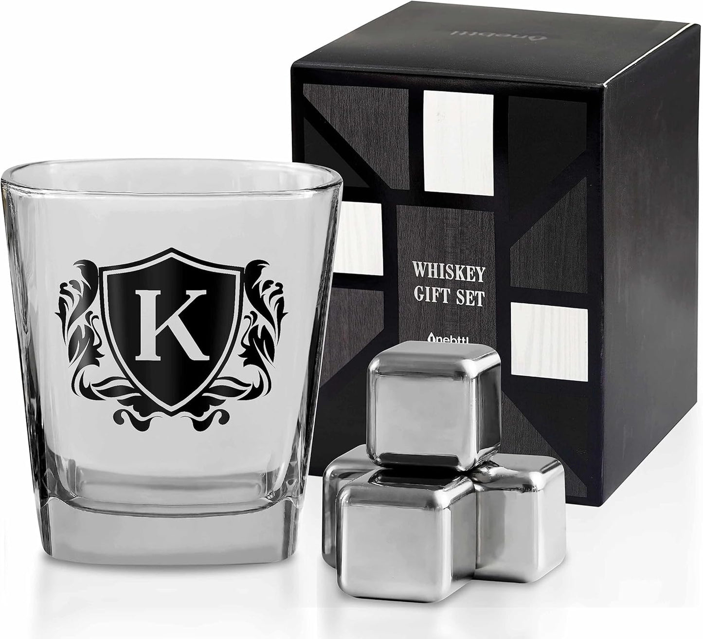 Whisky Gifts for Men, Personalized Initial Whiskey Glass with Whiskey Stones for Dad, Boyfriend, Best Friends, Coworkers, Husband, Brother, Uncle and Boss on Father's Day, Boss Day and Birthday - K