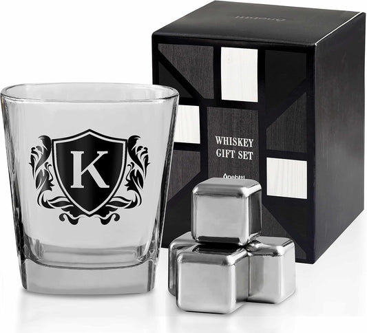 Whisky Gifts for Men, Personalized Initial Whiskey Glass with Whiskey Stones for Dad, Boyfriend, Best Friends, Coworkers, Husband, Brother, Uncle and Boss on Father's Day, Boss Day and Birthday - K