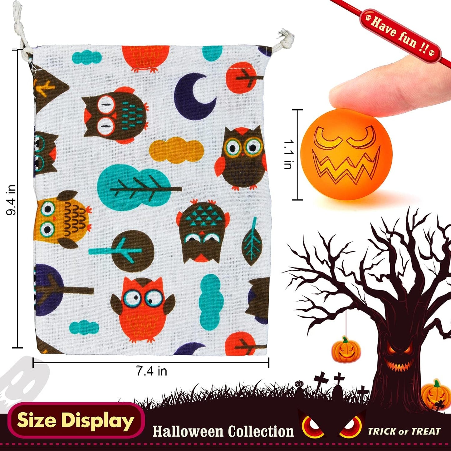 40 Glow in The Dark Bouncing Balls, 8 Halloween Theme Designs, Party Favor Supplies, Trick or Treating Goodie Bag Filler, School Classroom Game Rewards, Miniatures (with Pouch Bag)