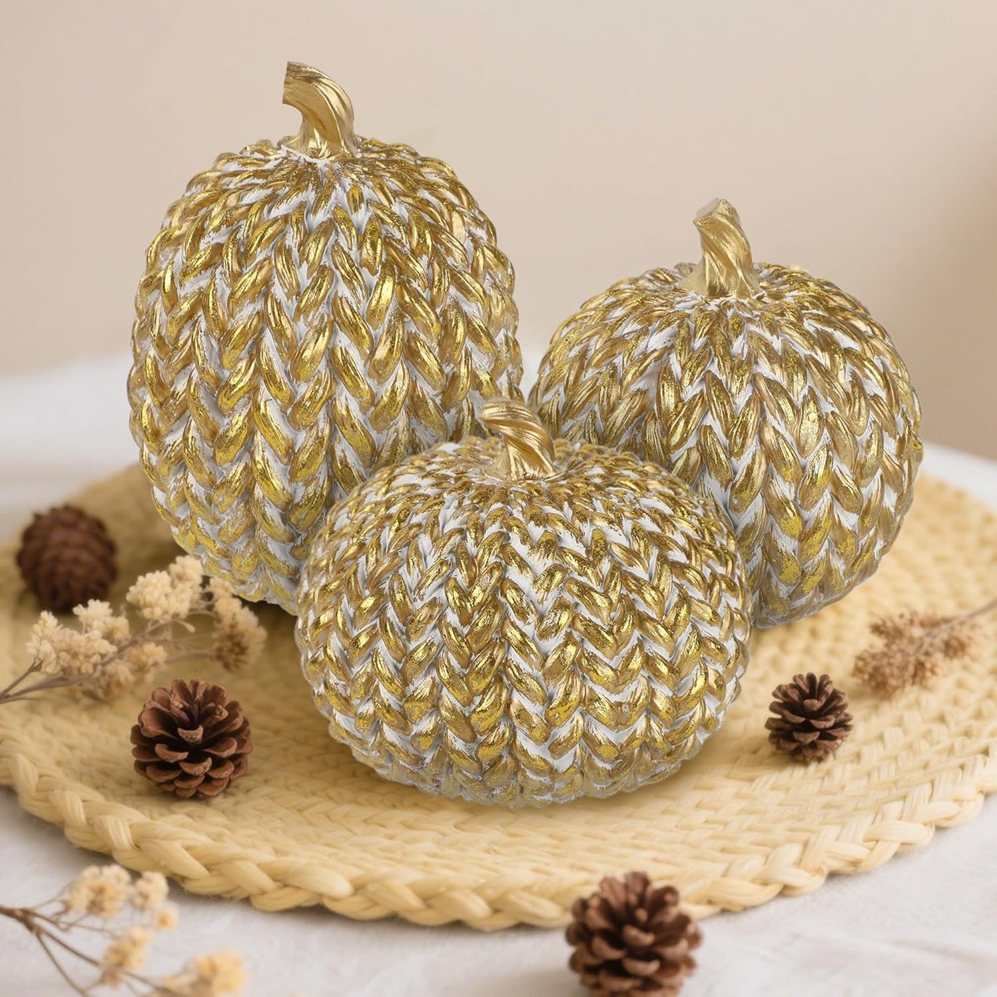 winemana Fall Decorations for Home Set of 3, Gold & White Resin Pumpkin Decor with Woven Design - Thanksgiving Table Centerpiece, Mantel, Indoor & Outdoor Farmhouse Autumn Décor