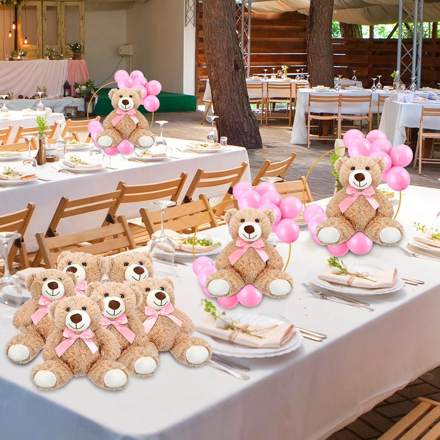 6 Sets Bear Baby Shower Table Centerpieces Bear Stuffed Animals 12 Inch Metal Floral Hoop with Stand Balloon for Wedding Baby Shower Birthday Flowers Table Decorations(Pink)